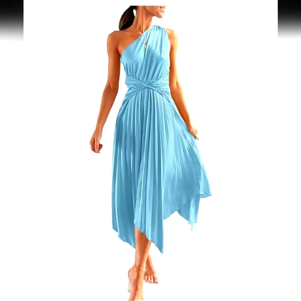 PRETTYGARDEN Women's One Shoulder Sleeveless Lt Blue Long Satin Dress Sz L NWT